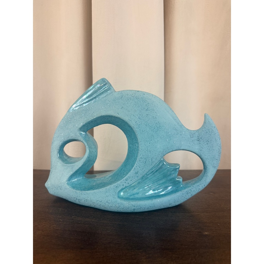 VTG Turquoise Fish Ceramic Sculpture Open Cut Nautical Beach Ocean Decor